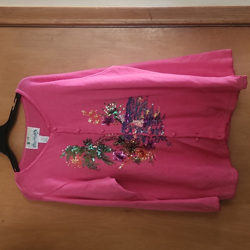The Quacker Factory Hot Pink Button Sweater Sequin 1x